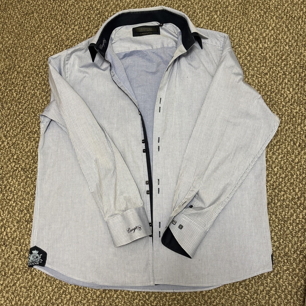 Googi Luxe Button Down Shirt Lite Blue Size 2xl Embroidered Cuff And Collar